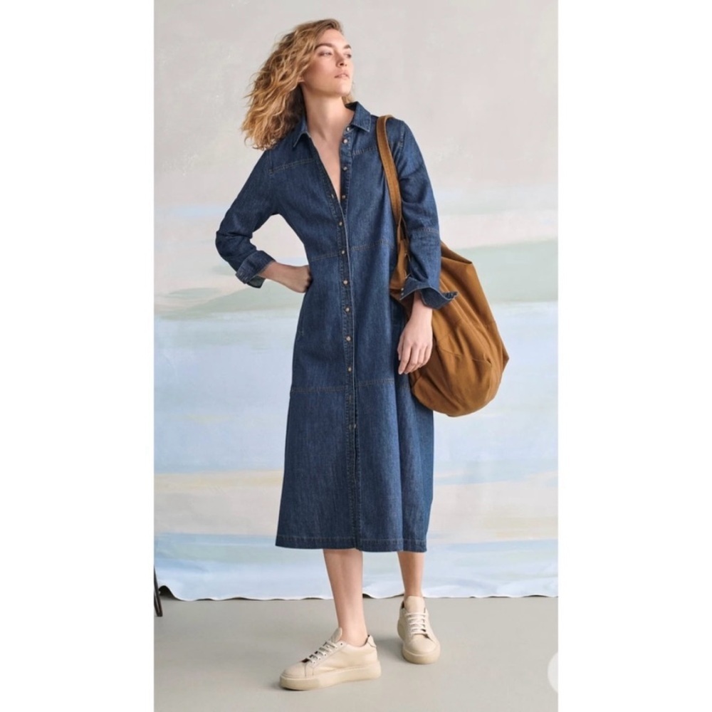 Poetry Denim Dress Midi Tiered Button Front Hemp Cotton Indigo Dark Wash XL 14 - Picture 2 of 9